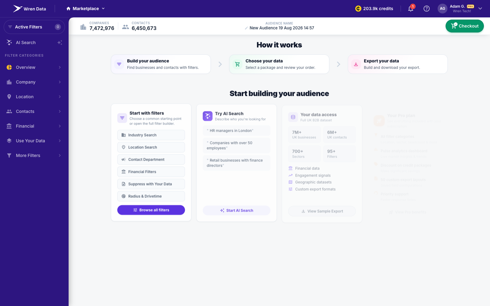 Wren Data audience builder with filters applied