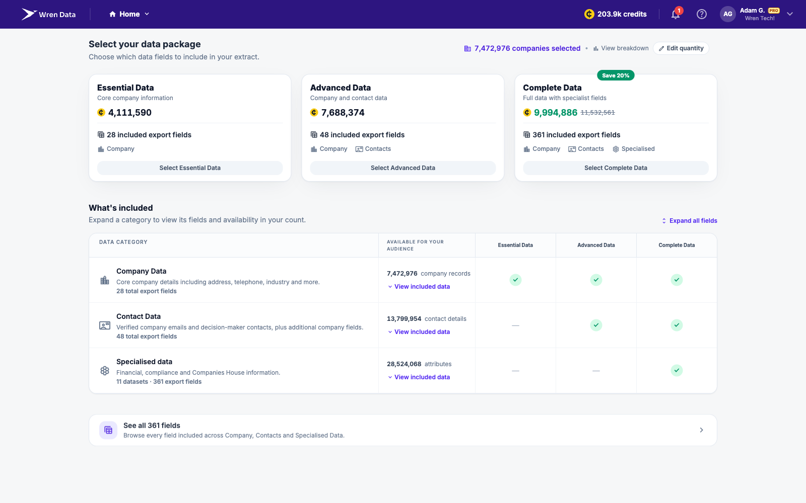 Wren Data checkout with package selected