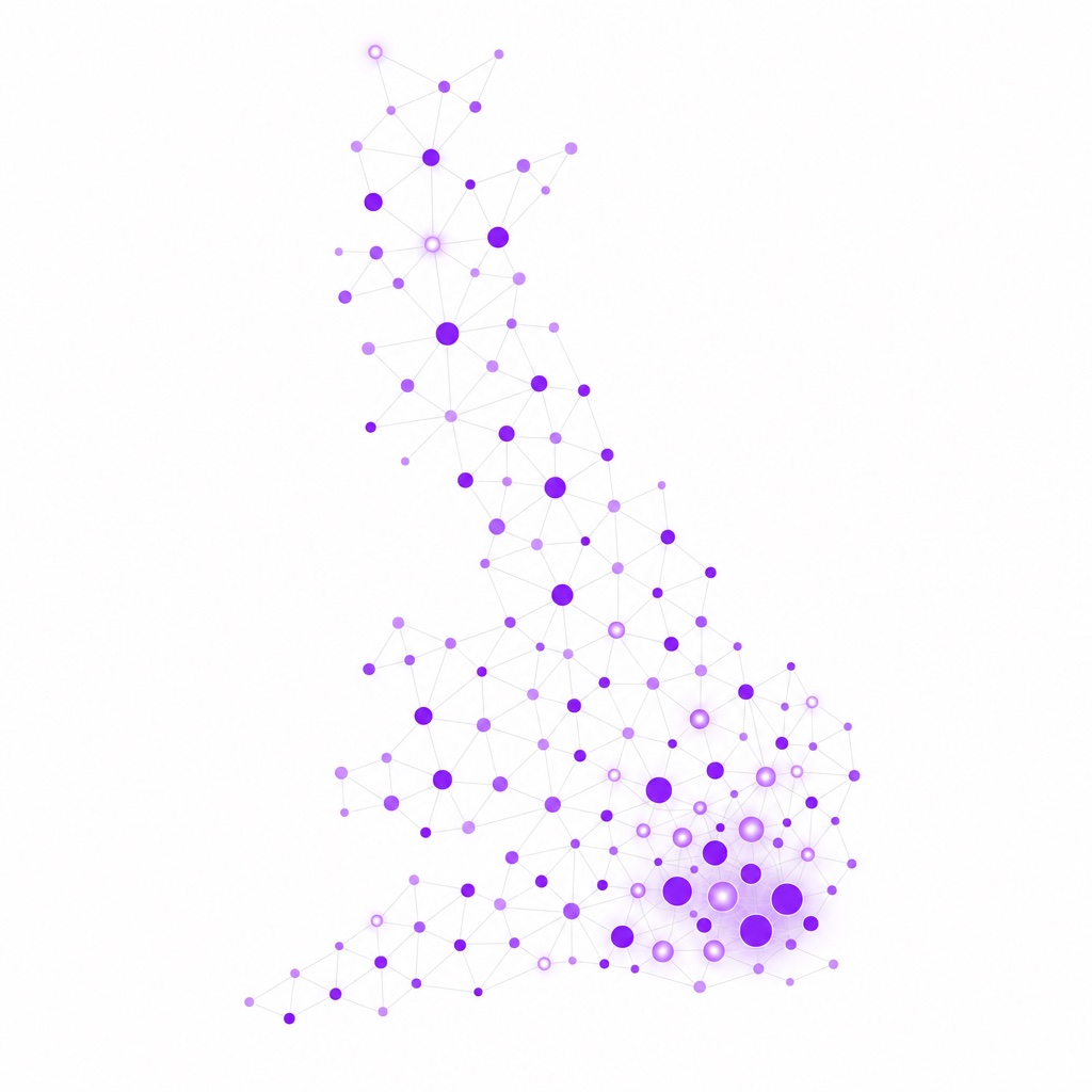 Network of UK business locations, densest around London and the South East